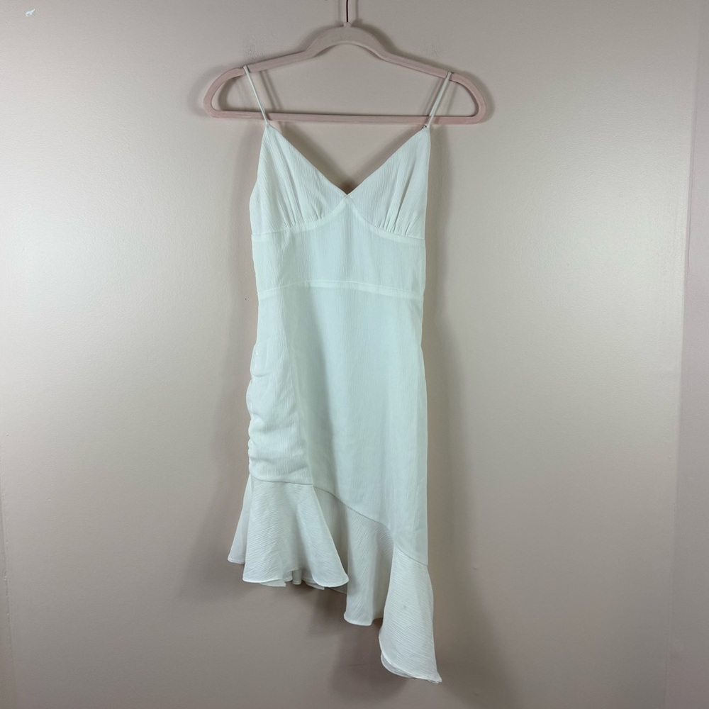 SUPERDOWN womens size XS white sleeveless asymmetric ruffle hem mini dress